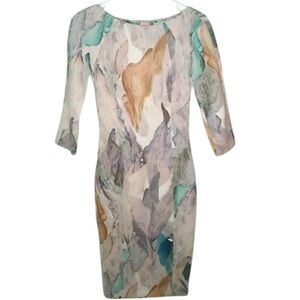🟤 H&M QUARTER SLEEVE PRINTED WATERCOLOR DRESS SIZE 4